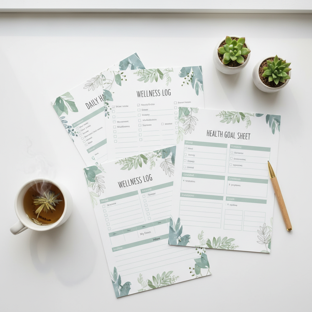 Health and wellness journal printable pages flat lay with habit trackers and wellness logs